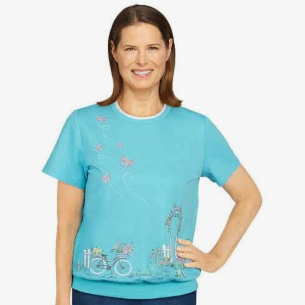 Alfred Dunner Women's Classics Bicycle Embroidered Short Sleeve Pullover Sweatsh